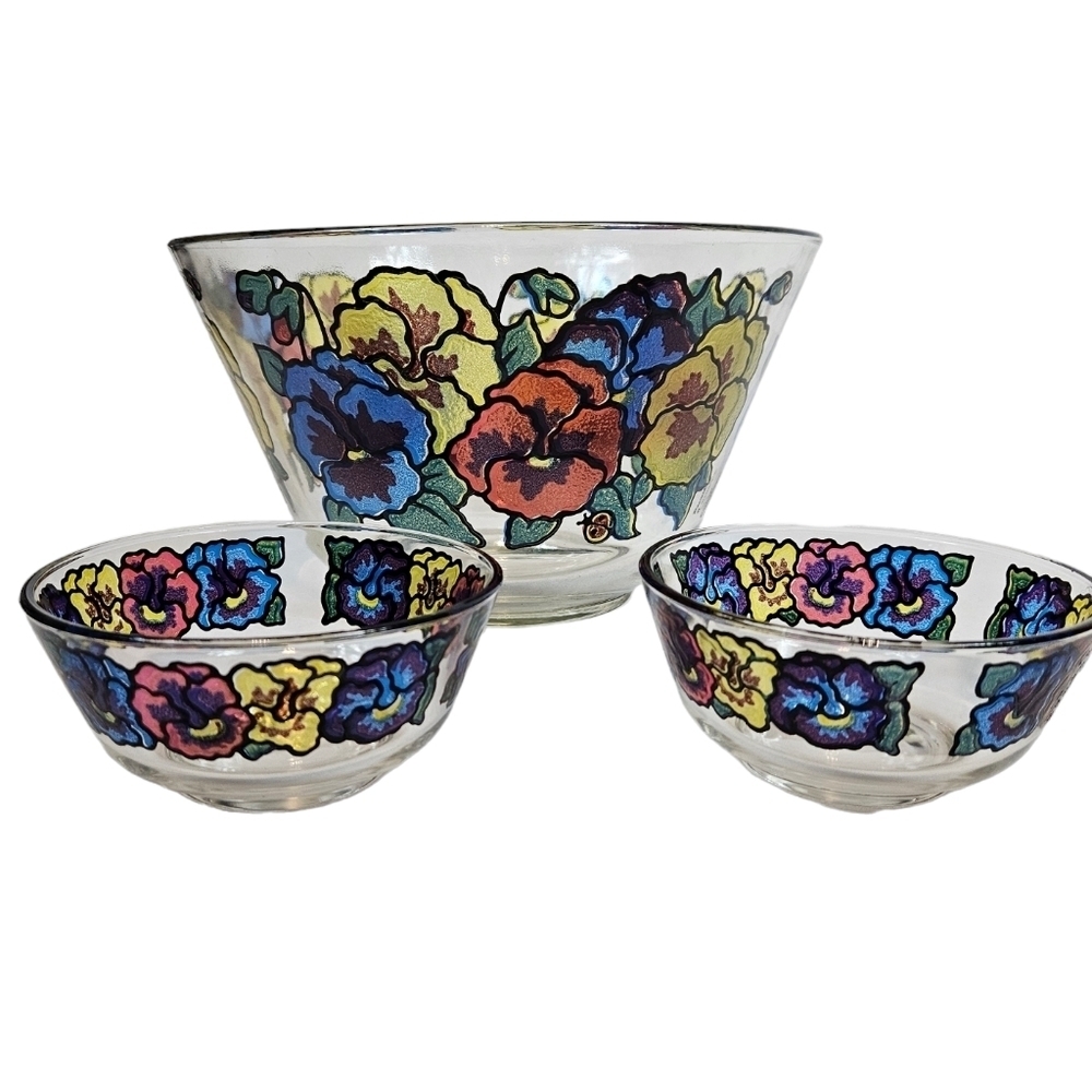 Vintage 60s‎ 70s Pasinski Washington Stained Glass Pansy Serving Bowl Set of 3
